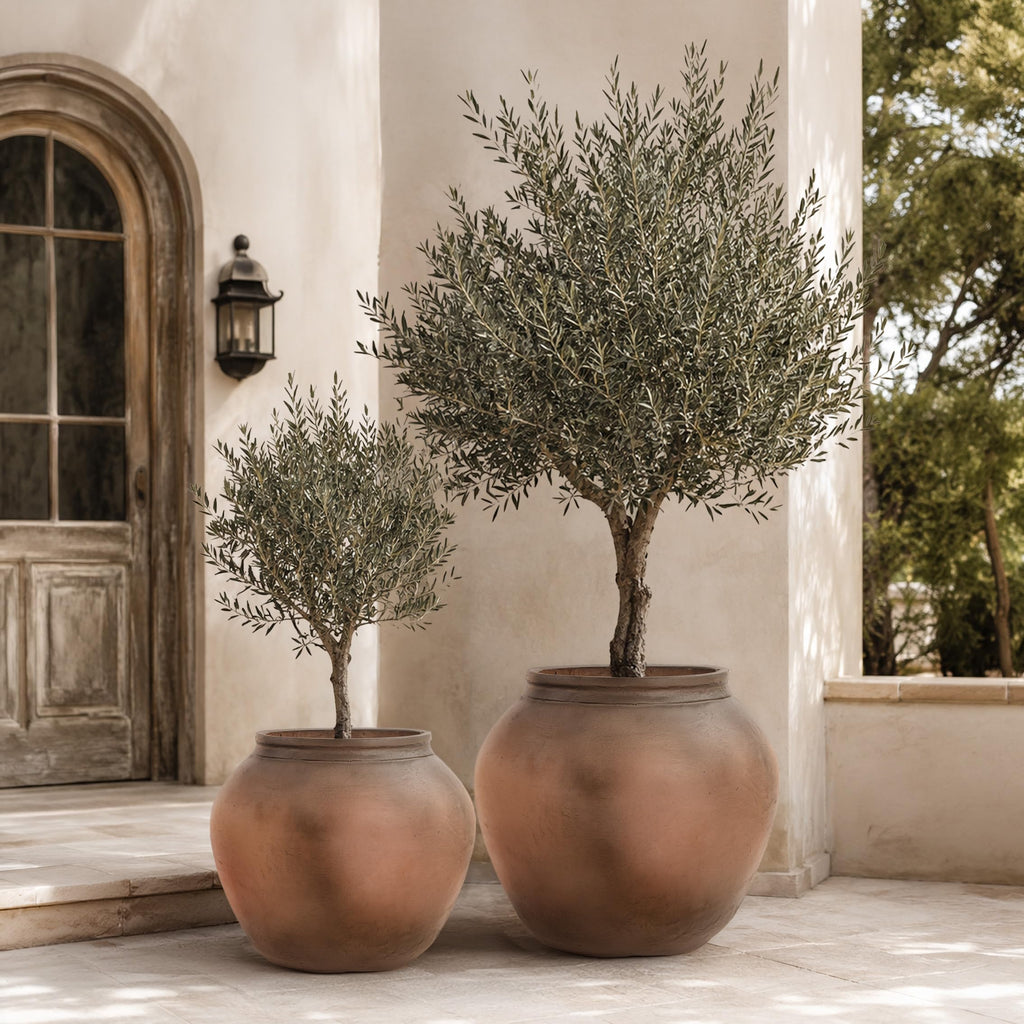 14" H x 17" Dia Brown Fiberstone Planter Pot with Drainage Hole, Weathered Stone-Look Decorative Flower Pot for Olive