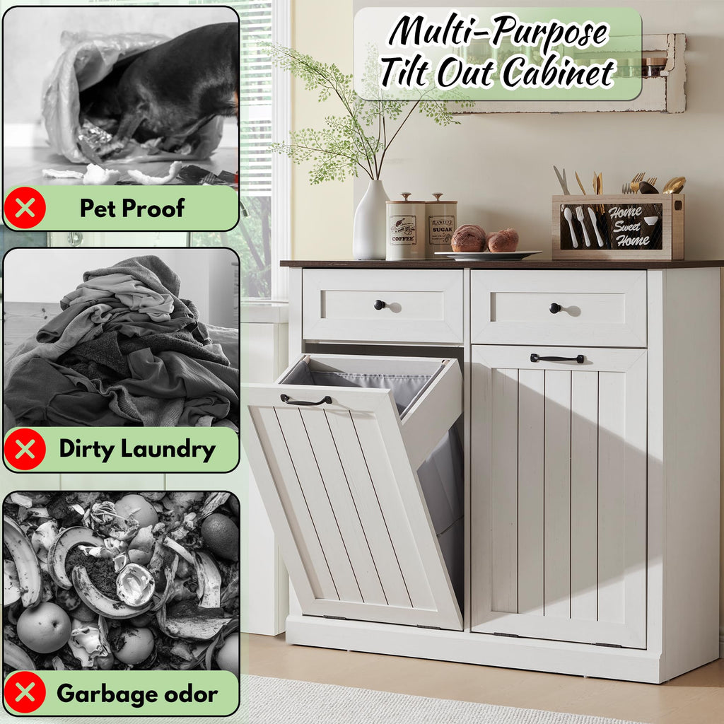 Double Tilt Out Laundry Hamper Cabinet, Trash Cabinet, Antique White