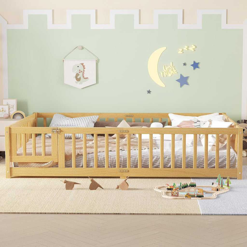 Queen Montessori Bed with High Fence and Guardrail, Solid Wood Floor Bed Frame for Kids Boys Girls, Natural