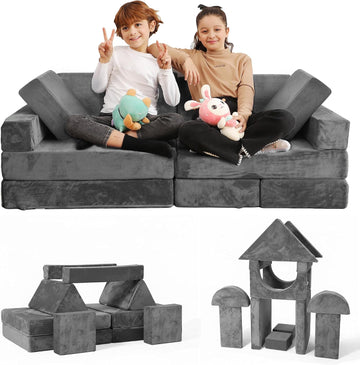 Kids Couch 14 PC Modular Kids Play Couch Set - Convertible Sofa with Soft Foam Sofa Cushions | Fort Kid Play Room