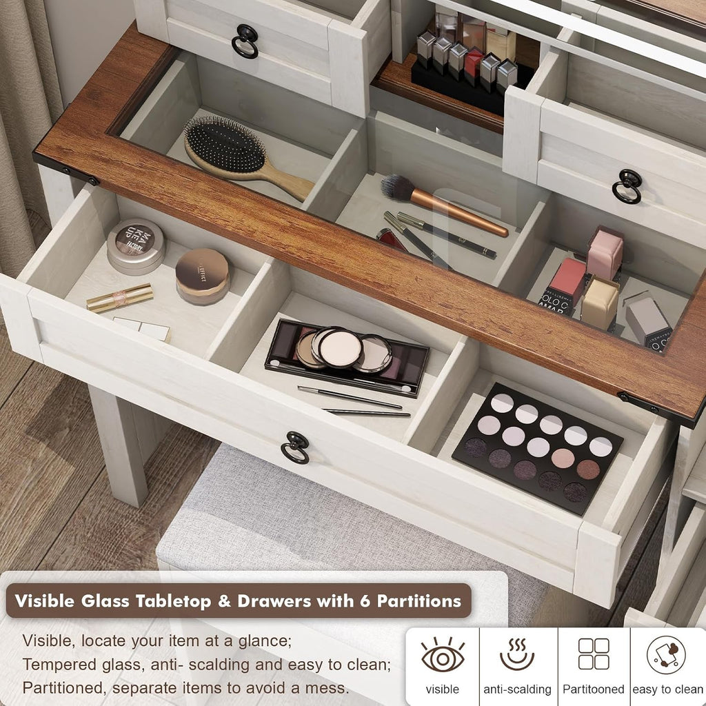 Farmhouse Makeup Vanity Desk with Sliding Mirror and Lights, 42 Wood Vanity Table Set with Glass Top, Power Outlets