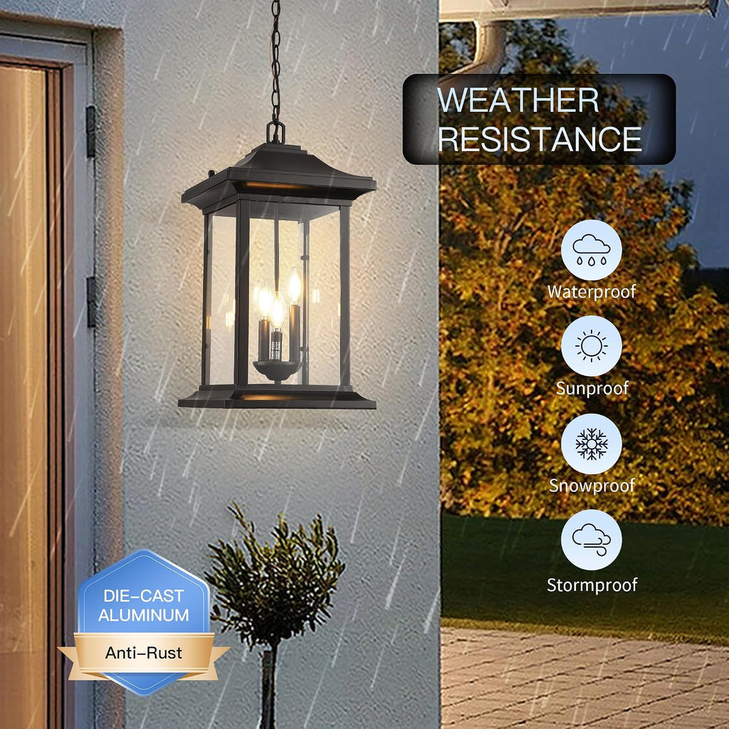 Outdoor Pendant Light, 23.6" H Large Exterior Hanging Light, 3-Light Outdoor Chandelier