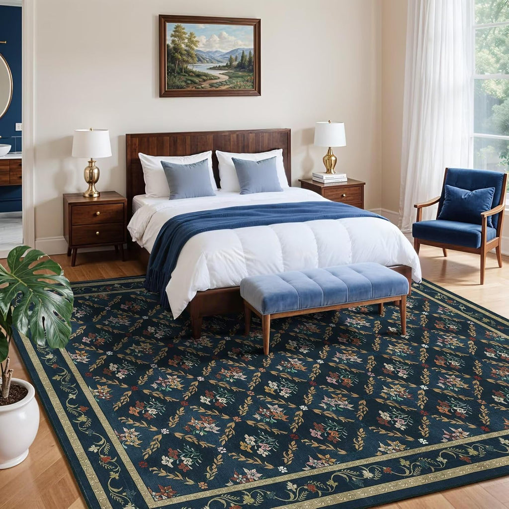 Blue Floral Rugs 5x7 Area Rugs, Non Slip Stain Resistance Washable Vintage Large Area Rug, Low Pile Checkered