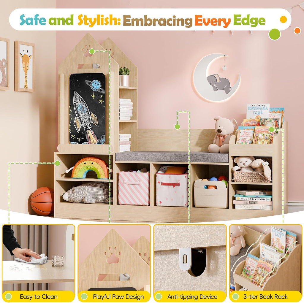 MU Kids Bookshelf with Reading Nook, Wooden Toy Storage Organizer with Chalkboard and Bench, Kids Reading Nook for