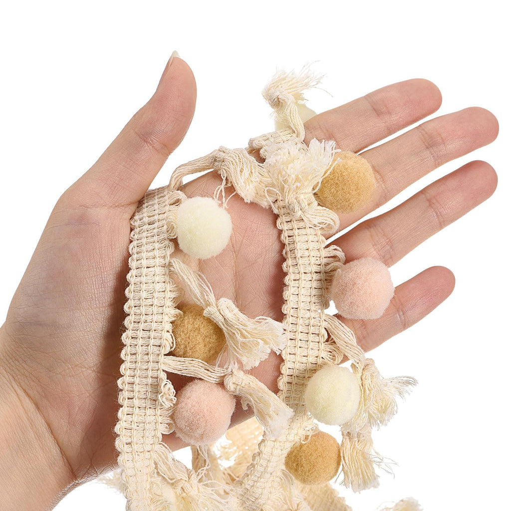 Pom Pom Ball Fringe Trim, Ribbon Sewing DIY Crafts Accessory Curtain Clothes Pillow Decoration, Beige - 2 Yards