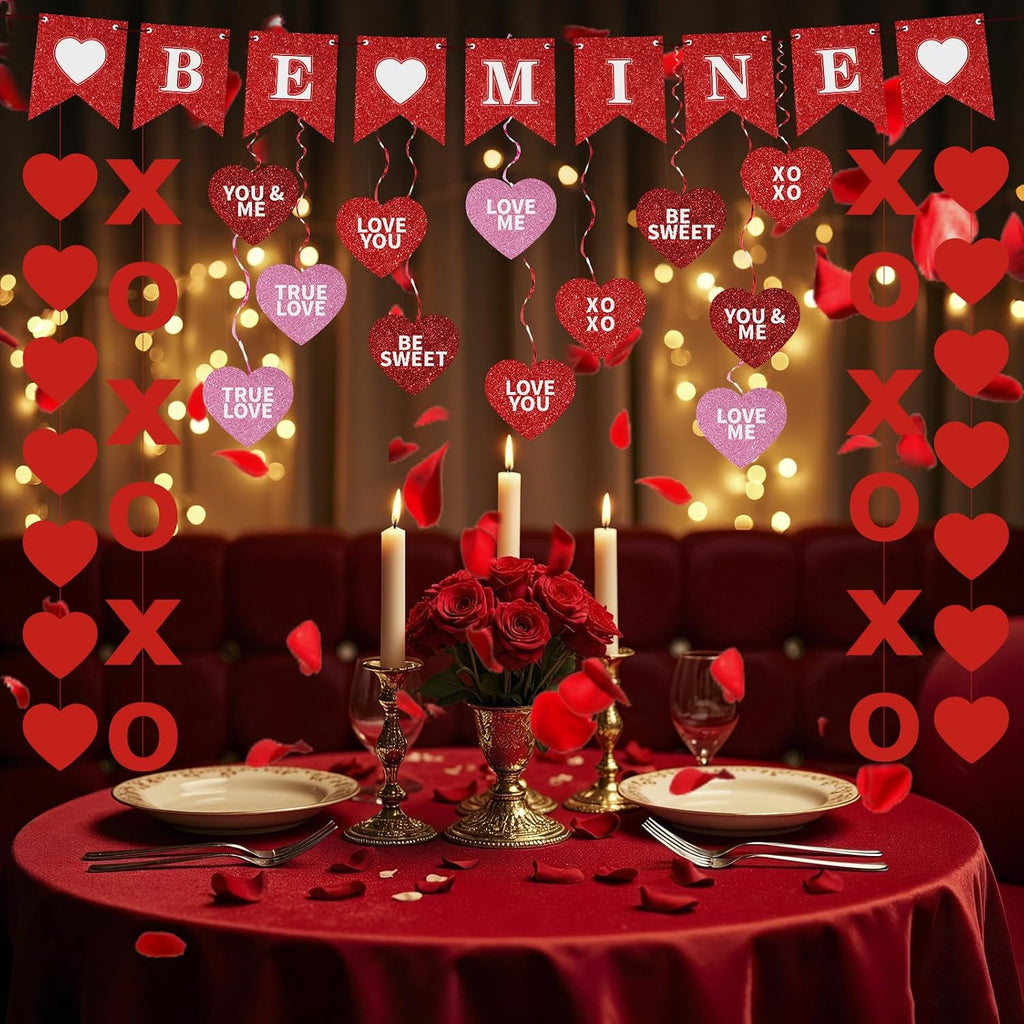 Valentine's Day Decorations Set BE MINE Banner Love Heart XO Garlands Rose Petals for Valentines Wedding Anniversary