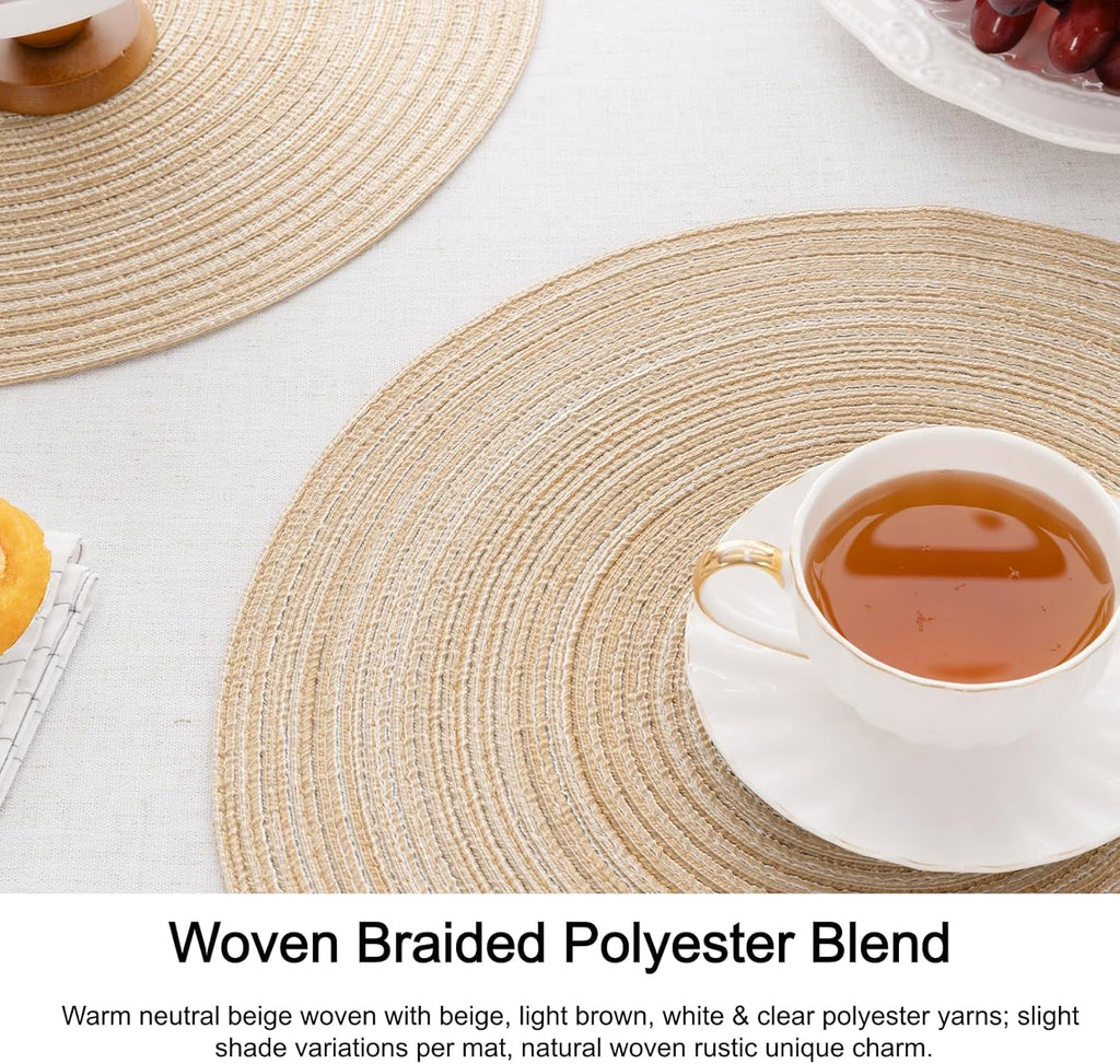 Round Braided Placemats Cotton Fabric Round Table Mats Non Slip Washable 15 inch Round Place Mats Home Party - Set of 8