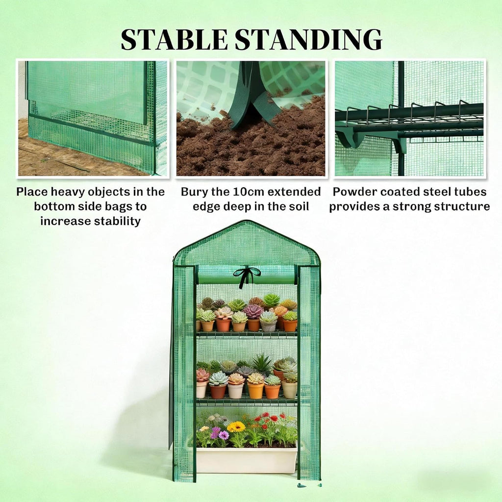 Small Mini Greenhouse with Three-Tier Shelves and Double-Layer Roof | Double-layer roof with zippered door for