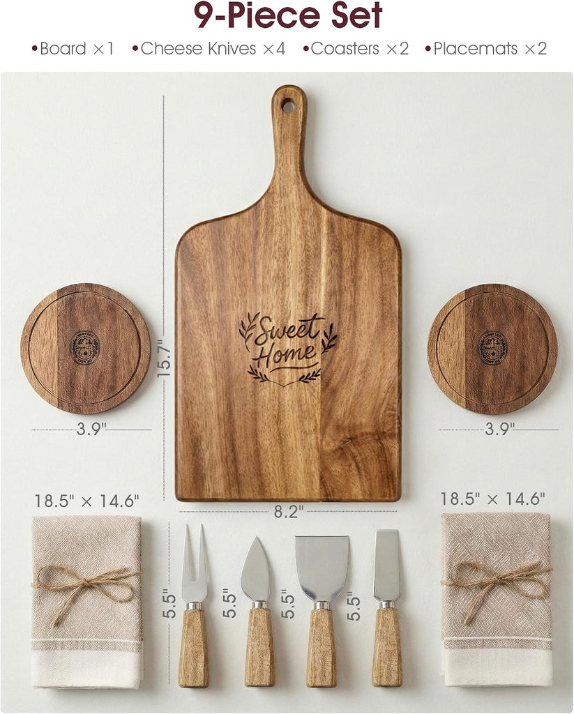 9-Piece Charcuterie Board Gift Set, Acacia Wood Cheese Board with Knives | 100% Acacia Wood, Cheese Knives &