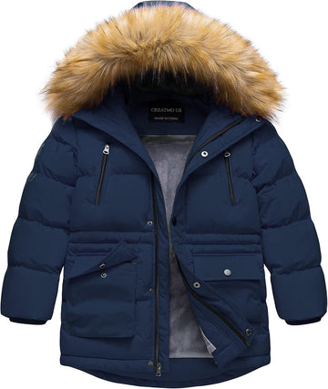 Boy's Winter Parka Water Resistant Hooded Puffer Fleece Lined Jackets Coats