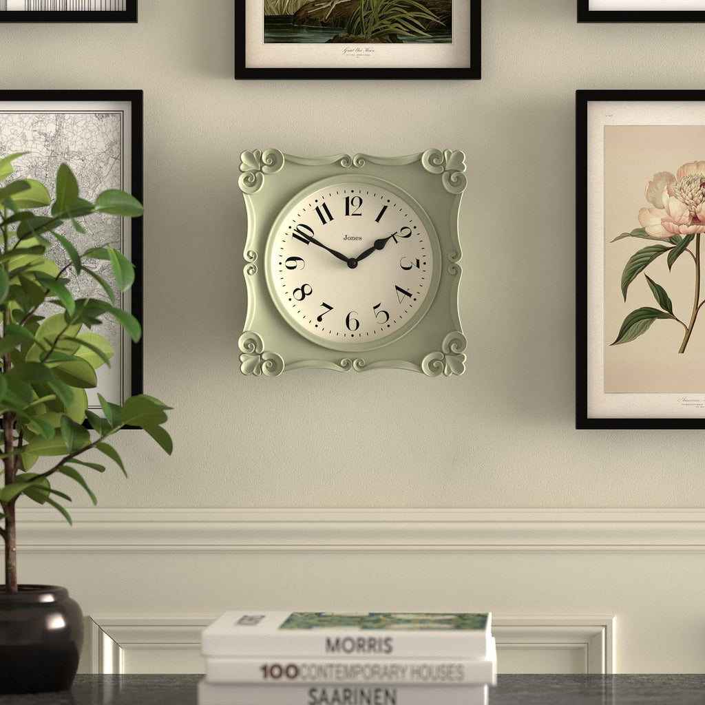 Rialto wall Clock | Ornate Square Clock | 10" | Sage Green