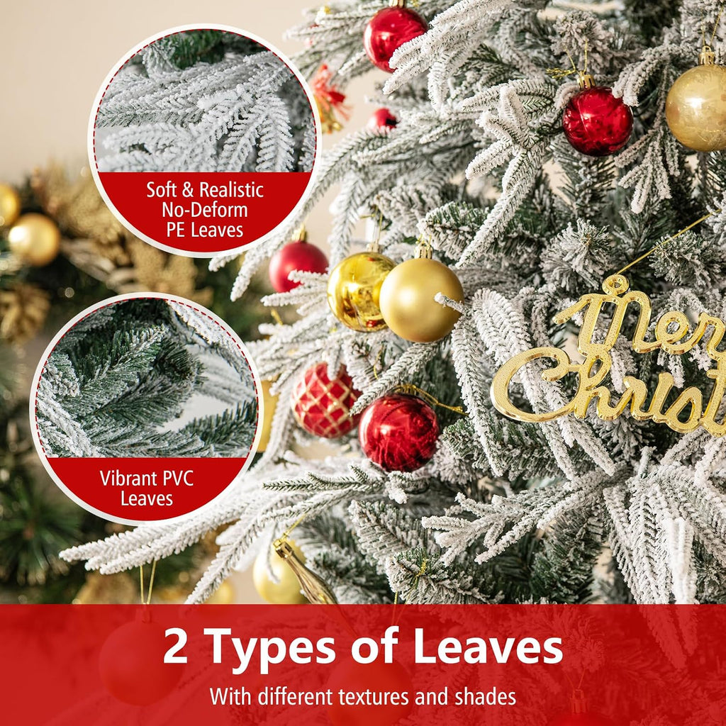 Pre-Lit Snow Flocked Christmas Tree, Artificial Hinged Xmas Tree with 820 PE & PVC Mixed Branch Tips, 340 Warm
