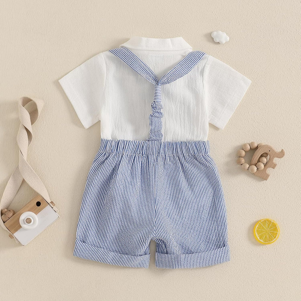 Newbron Baby Boy Summer Outfit Cotton Linen Button Short Sleeve Bowtie Shirt Romper Suspender Shorts Set