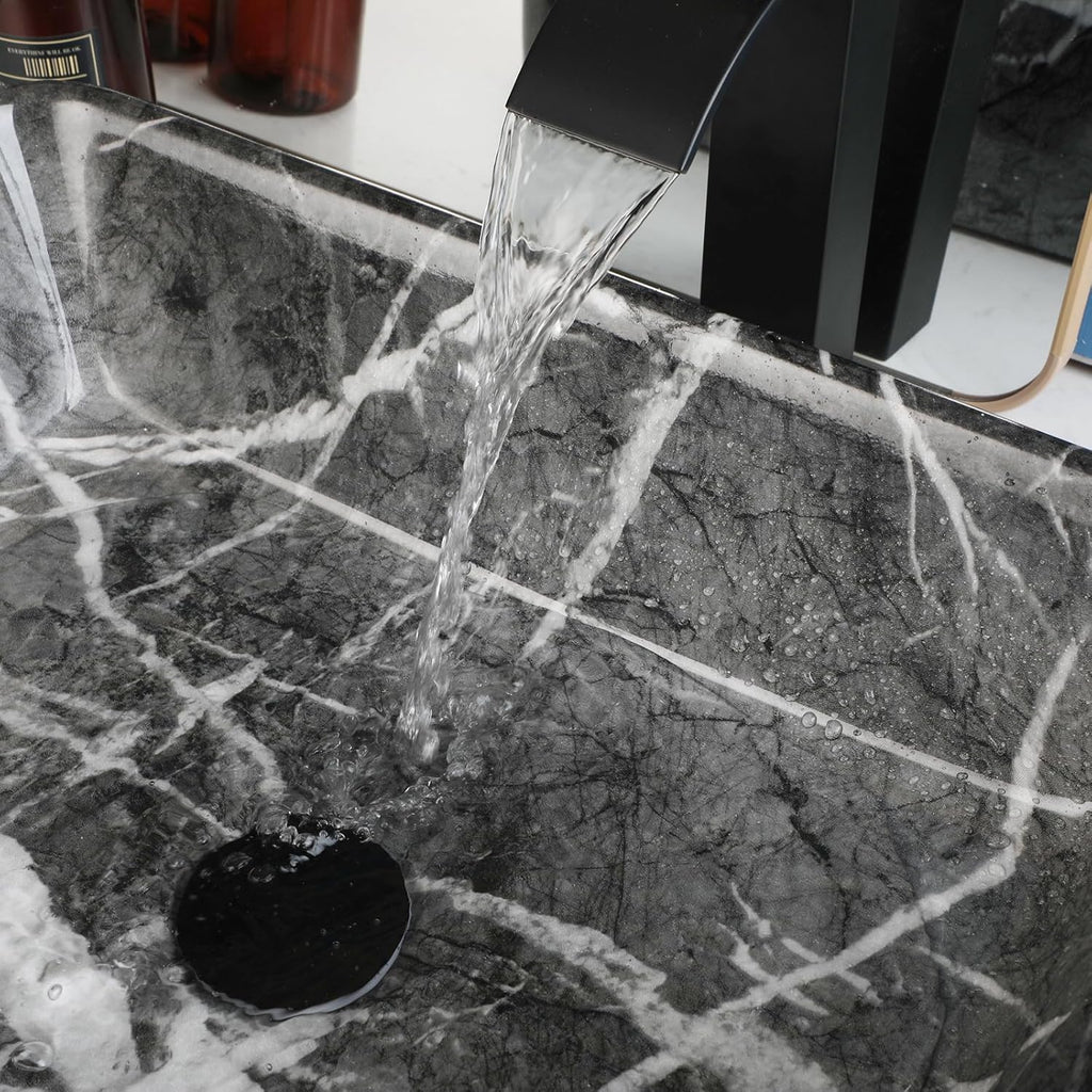 Black Marble Bathroom Vessel Sink With Faucet and Drain 19x15 Inch Rectangular Ceramic Sink Marbling Basin Bowls Above