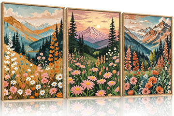 Mountain Sunset Floral Framed Canvas Wall Art Set, Colorful Wildflower Daisy Flower Wall Decor, Boho Blossom Botanical