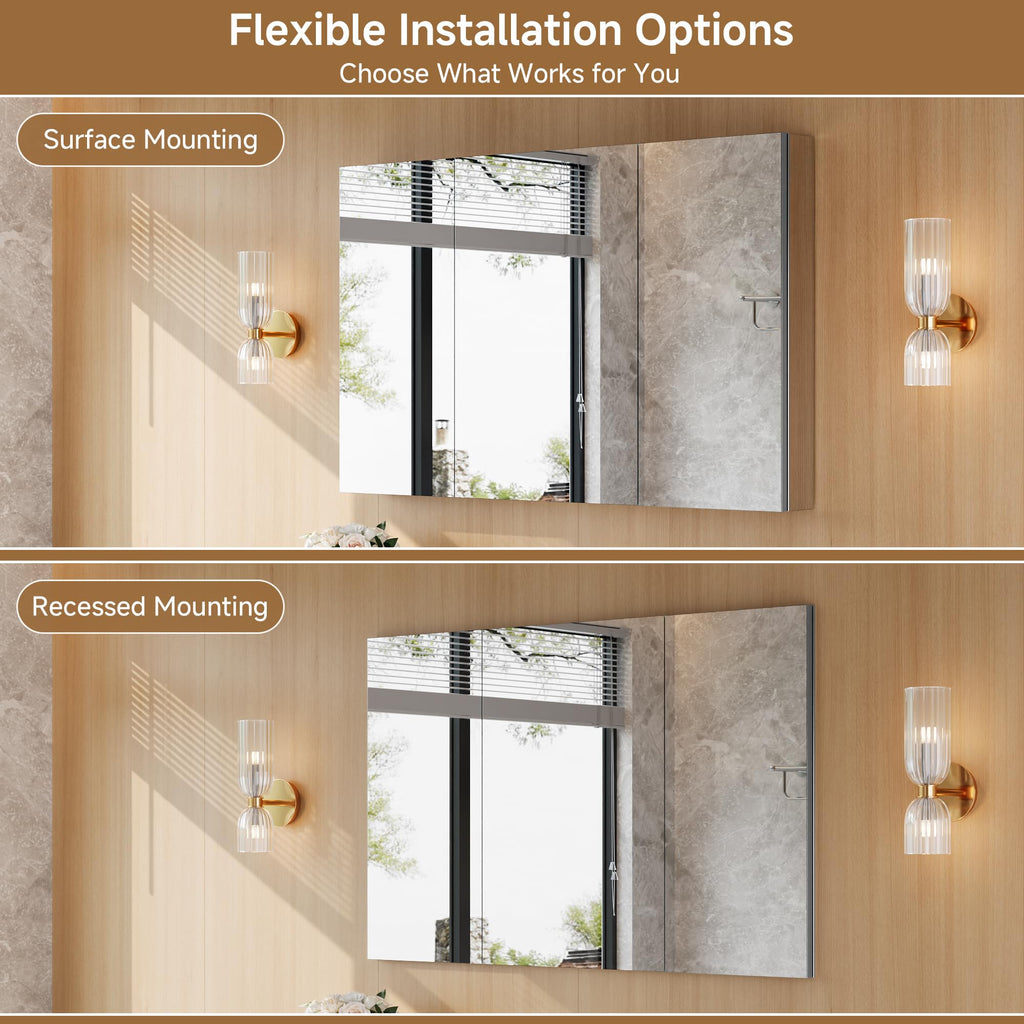 48" x 30" Bathroom Medicine Cabinet with Mirror, Recessed or Wall Mount