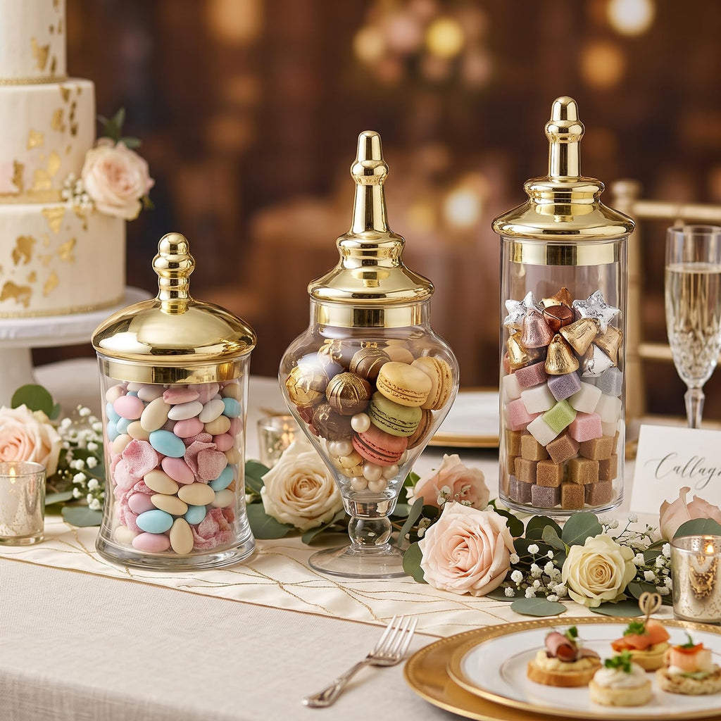 3 Piece Clear Glass Apothecary Jars with Metallic Brass Tone Lids