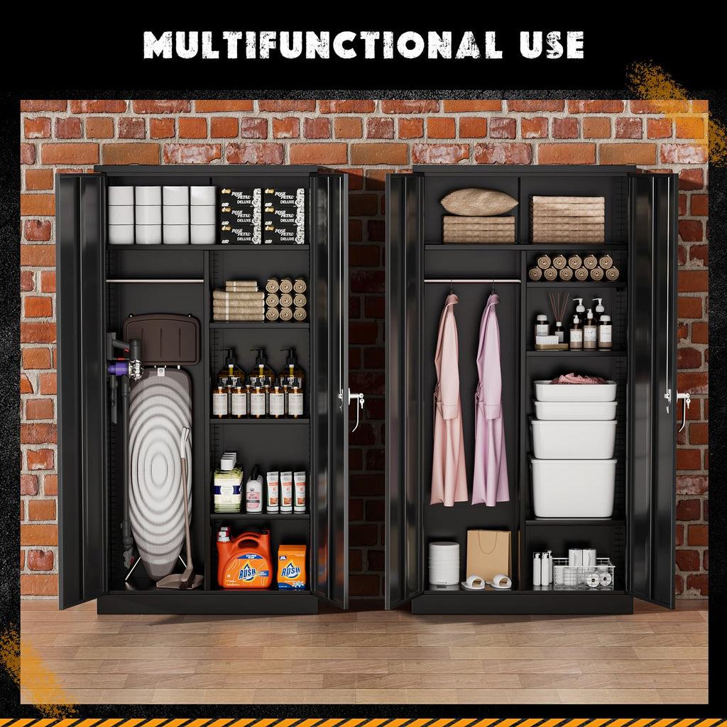 Metal Storage Wardrobe with 2 Doors, Black 72" Steel Storage Wardrobe Cabinet, Employees Locker Closet Clothing Coat