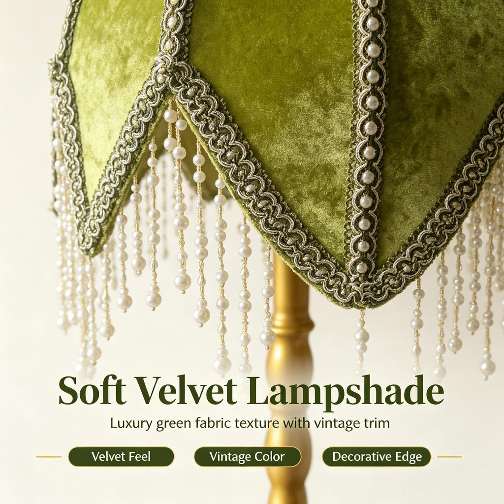 Vintage Tasselled Table Lamp with Beaded Shade, Green and Gold