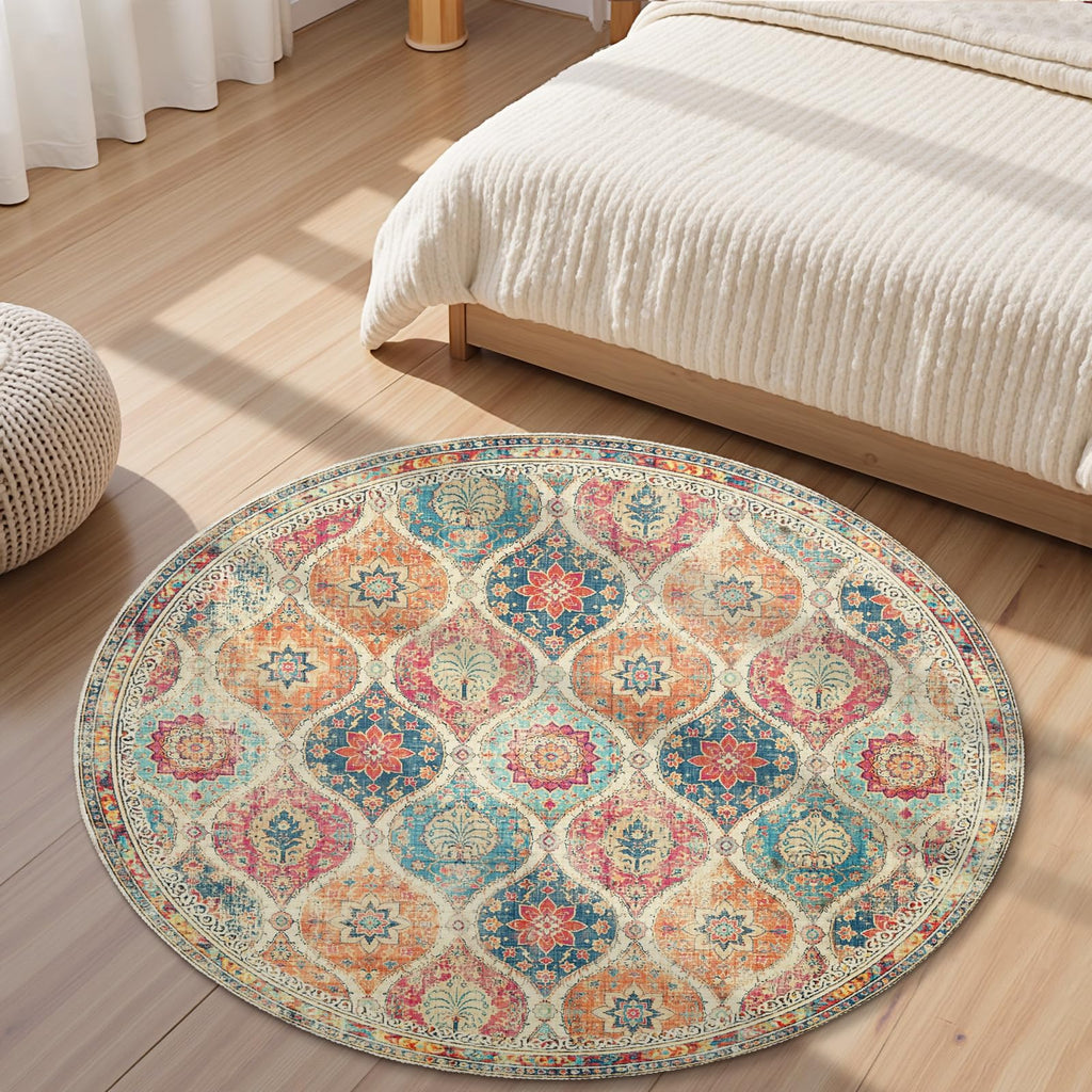 Orange Boho Round Area Rug 4ft, Machine Washable Bohemian Oriental Round Rug Non-Slip Colorful Moroccan Farmhouse
