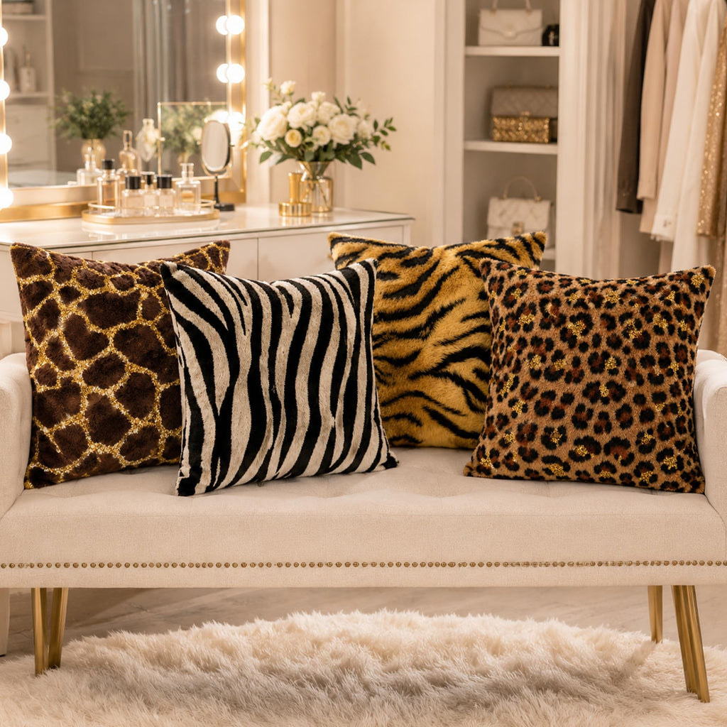 Animal Print Pillow Covers Set of 4 Brown Jungle Animal Throw Pillows Tan Faux Fur Room Decor Man Masculine Pillow