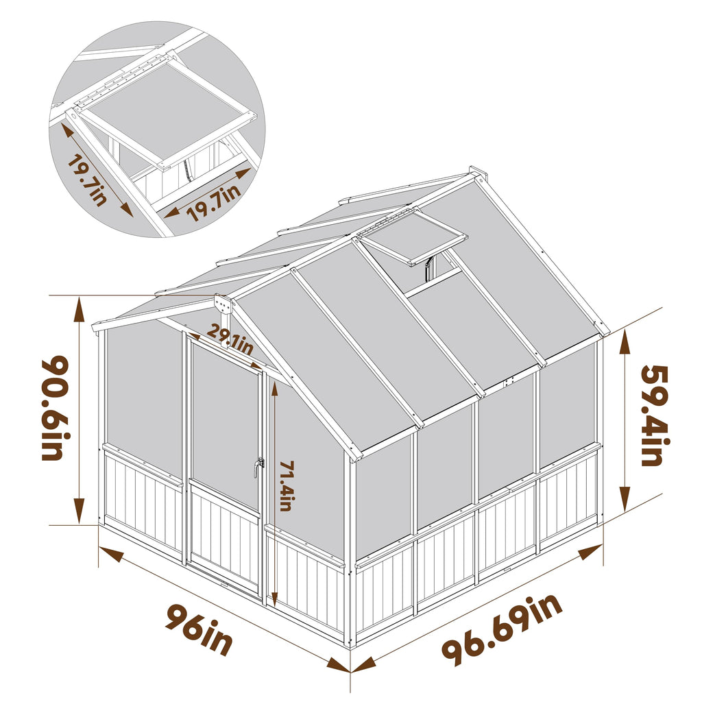 8' x 8' Wooden Polycarbonate Greenhouse with Ventilated Window & Lockable Door, 6mm Polycarbonate Panels for UV
