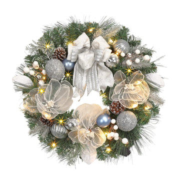 Lighted Christmas Wreath for Front Door with 20 LED Lights, 22inch prelit Christmas Wreath with Big Flower and Ball