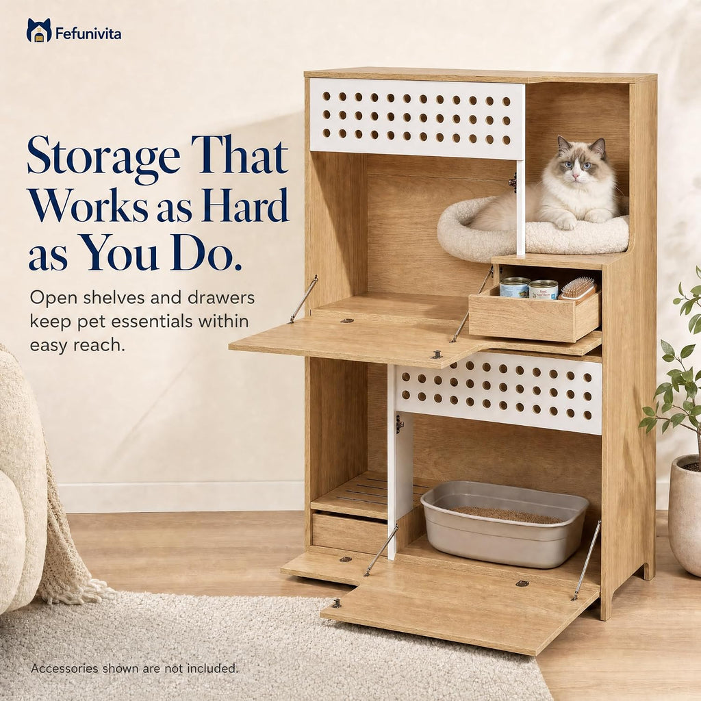 Cat Litter Box Enclosure with Storage & Ventilated Panels, Single Cabinet