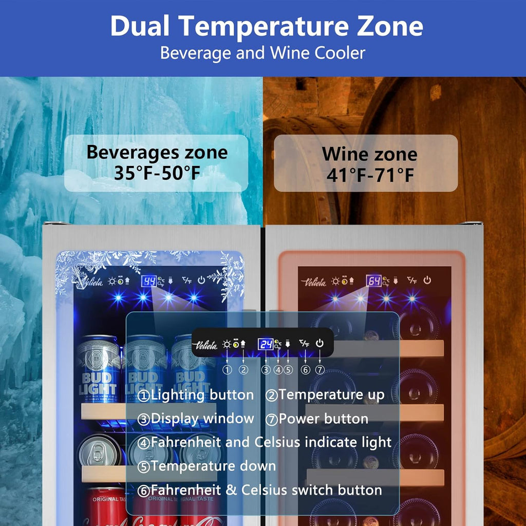 Wine and Beverage Refrigerator,24 Inch Dual Zone Wine Beverage Cooler, Built