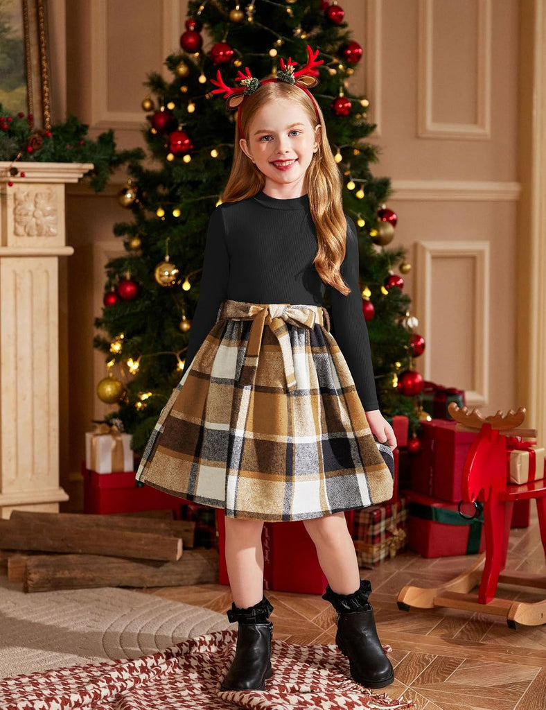 Girls Long Sleeve Rib Knit Plaid Patchwork Dress with Pockets