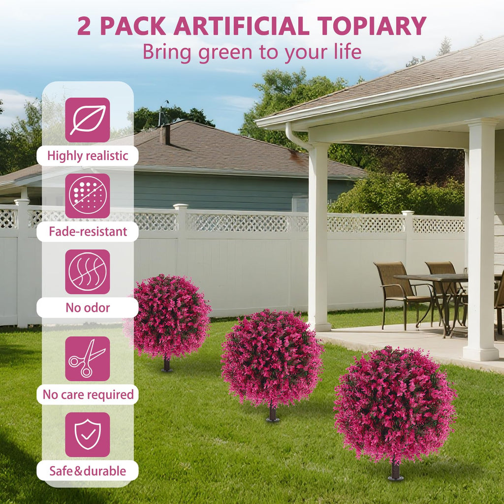 2 Pack Fake Pink Eucalyptus Topiary Ball Trees with Ground Spike