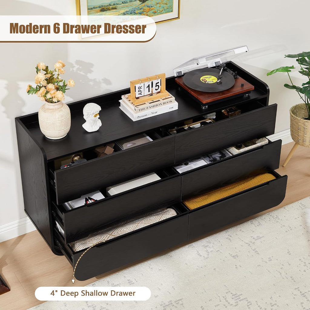 Curved 6 Drawer Dresser , Modern 53-Inch Chest of Drawers, Wood Storage Dresser Organizers with Hidden Handles, 6