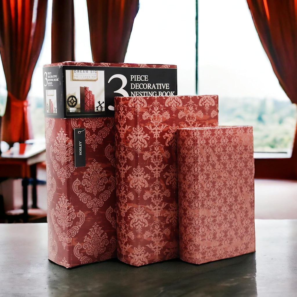 Farmhouse Memory Book Boxes, Red Brown & Gold, Decorative Nesting Storage Boxes 12 10 8 Inch, Faux Leather - Set of 3