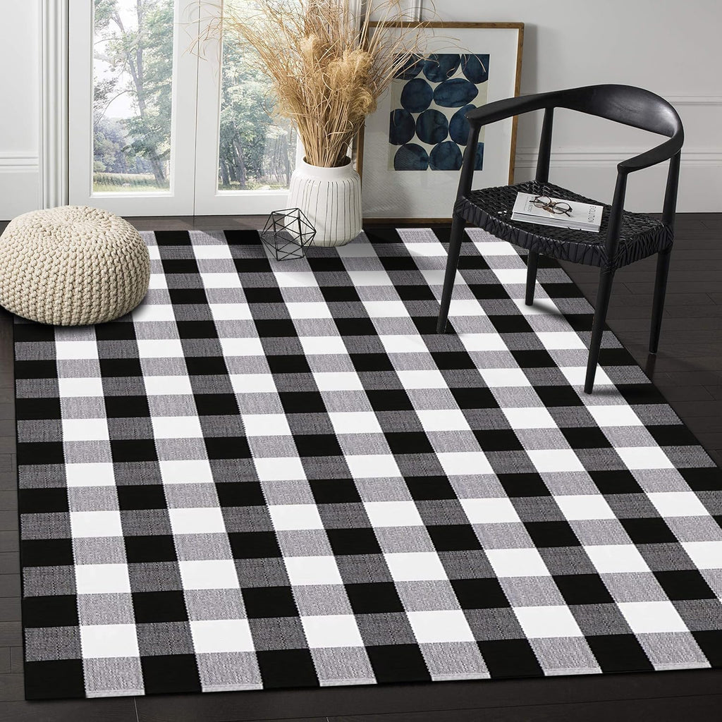 Buffalo Plaid Rug Black and White Check Rugs Extra Large Machine Washable Carpet Retro Lattice Checkered