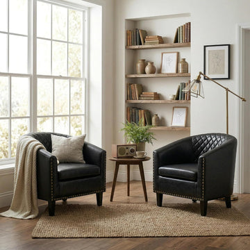 Retro PU Leather Barrel Chairs, (Black) - Set of 2
