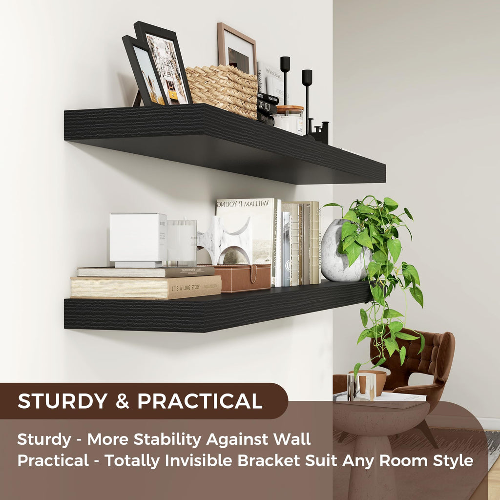 48" Wide x 9" Deep Floating Shelves for Wall, Black Finish, 2-Pack