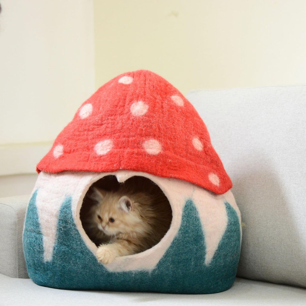 Mushroom Shaped Felt Cat Cave- Wool Cat House Using Pure Natural Wool