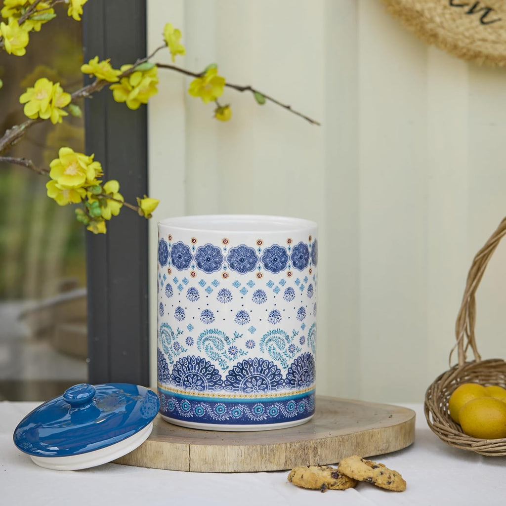 Blue Talavera Ceramic Air Tight 9 inch Cookie jar, for holding coffee, powder, tea, spices, Microwave and Dishwasher