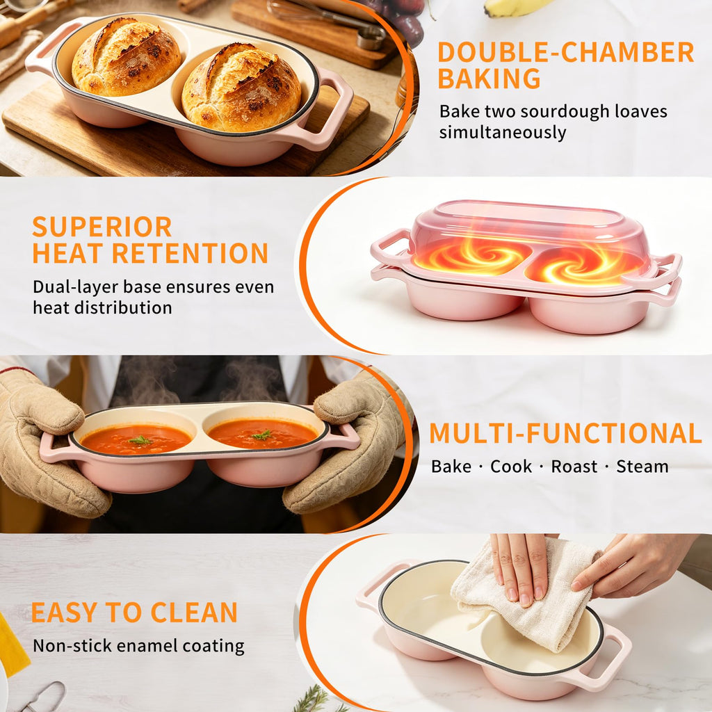 Double Dutch Oven for Sourdough Bread Baking, 2.4QT Enameled Cast Iron Bread Baker with Lid, Dual 1.2QT Round