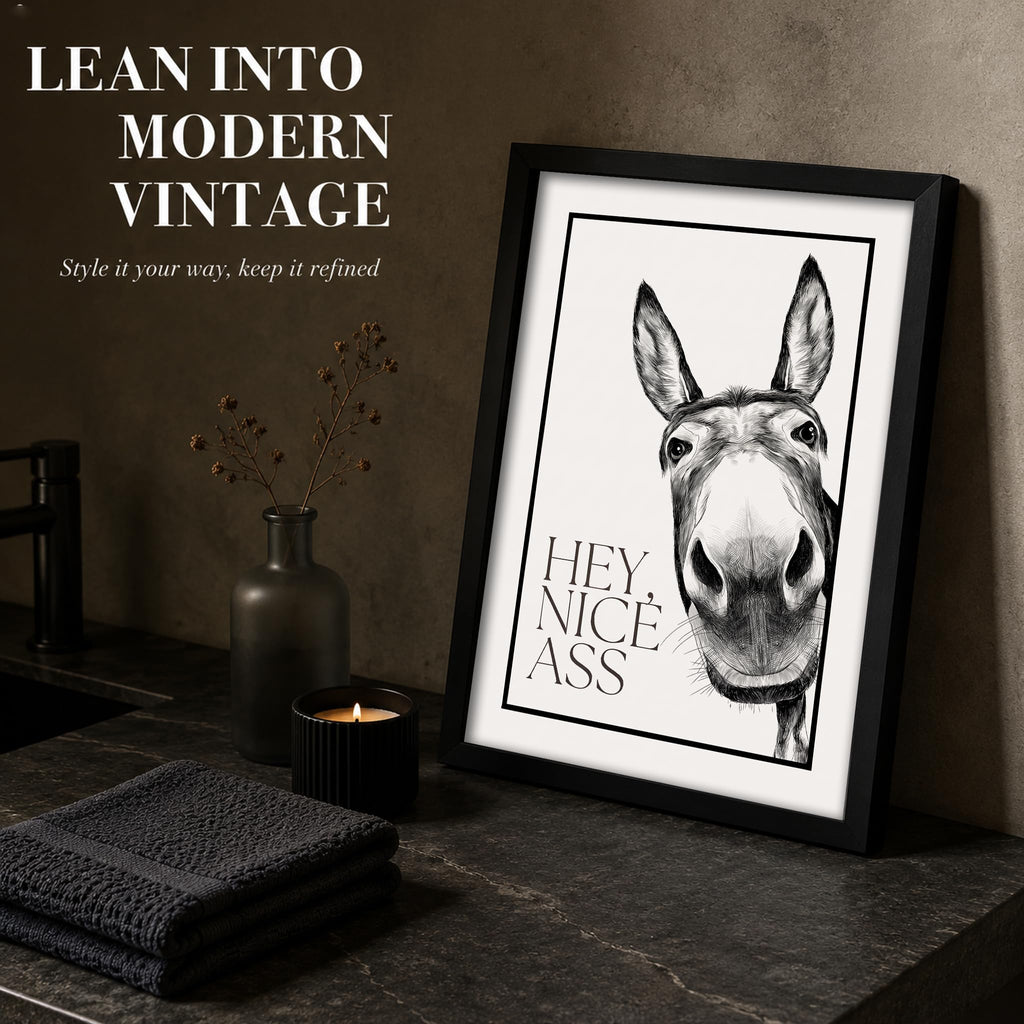 Framed, Funny Animal Bathroom Wall Art, Humorous Donkey Canvas Wall Decor Black and White Bathroom Print Painting
