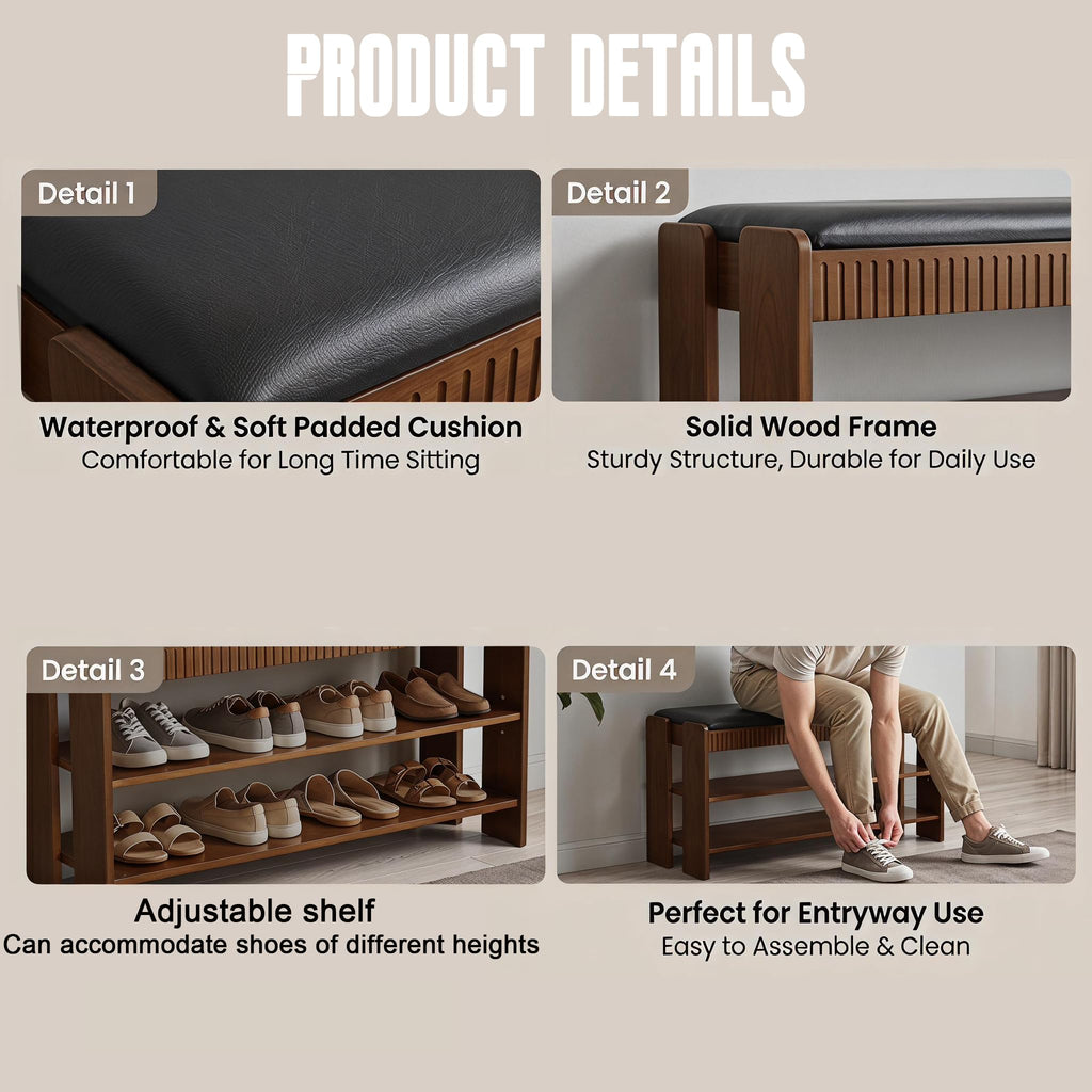 Shoe Bench with Cushion, Solid Wood 2 Tier Adjustable Storage Shoe Bench Rack, Closet, Living Room, Hallway