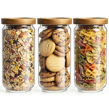 3 Pack Glass Storage Containers with Airtight Seal Acacia Wood Lids, 31.6 FL OZ (950ml) Clear Glass Food Storage Jars