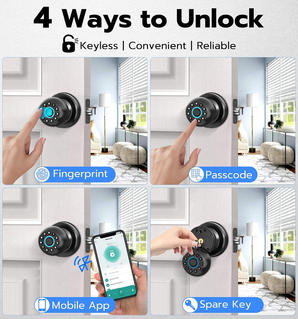 Smart Door Knob with Lock, Fingerprint Code Keypad Keyless Entry Electronic Digital Biometric Bluetooth App Control