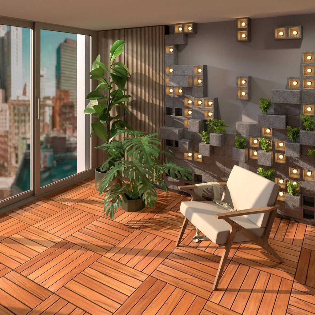 TEAK Deck Tiles (Pack of 9) - Hardwood Interlocking Patio Deck Tiles, All Weather Waterproof