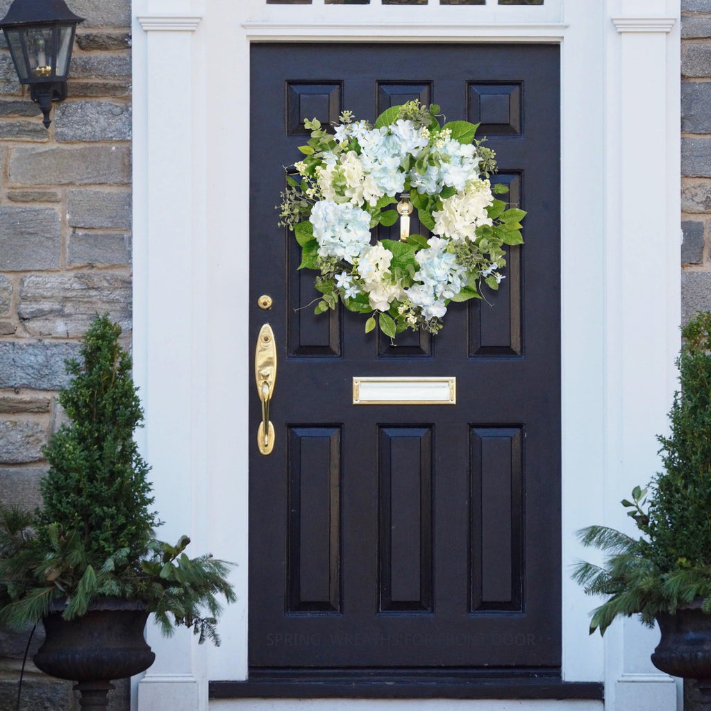 Spring Wreath Artificial Hydrangea Eucalyptus 20IN, Light Blue White Green, Spring Easter Summer Front Door Wall