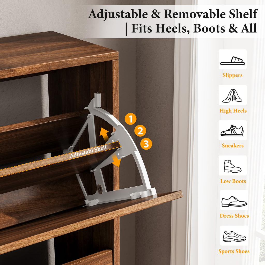 Shoe Storage Cabinet, 9.5inch Slim Shoe Rack with 2 Flip Drawers, Mid-Century Modern Walnut Shoe Cabinet Storage