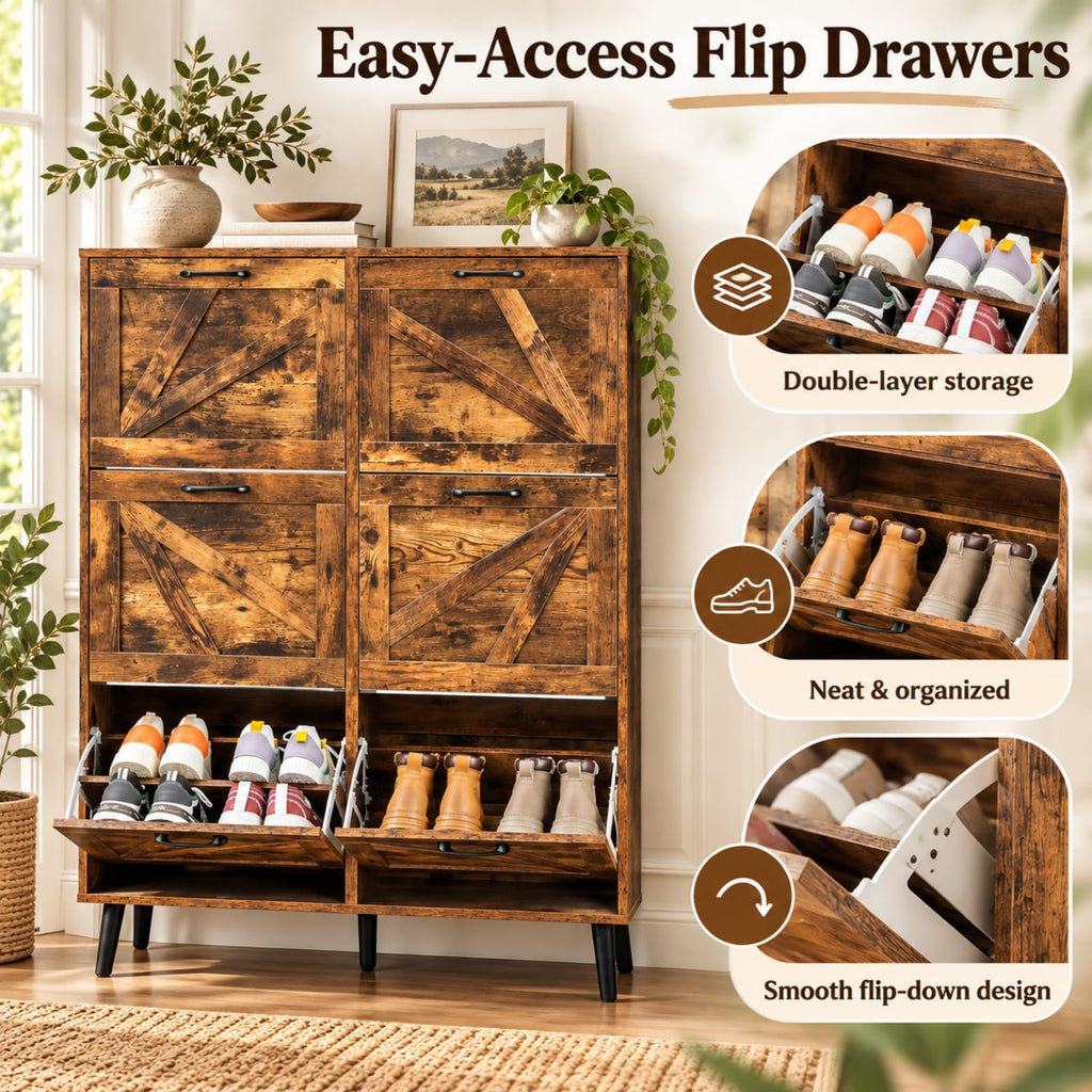 6 Flip Drawer Shoe Cabinet, Barn Door Entryway Storage, Rustic Brown