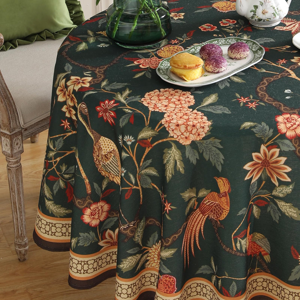 Designer Vintage Green Round Tablecloth, Diameter 67"