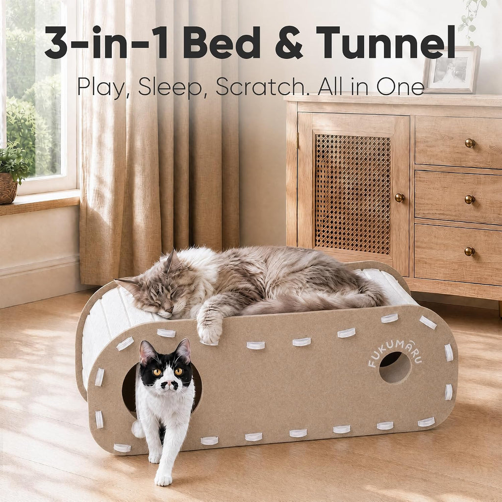 Cat Bed Cave Tunnel, 31.5 Inch, Cat House Condo Indoor, Beige