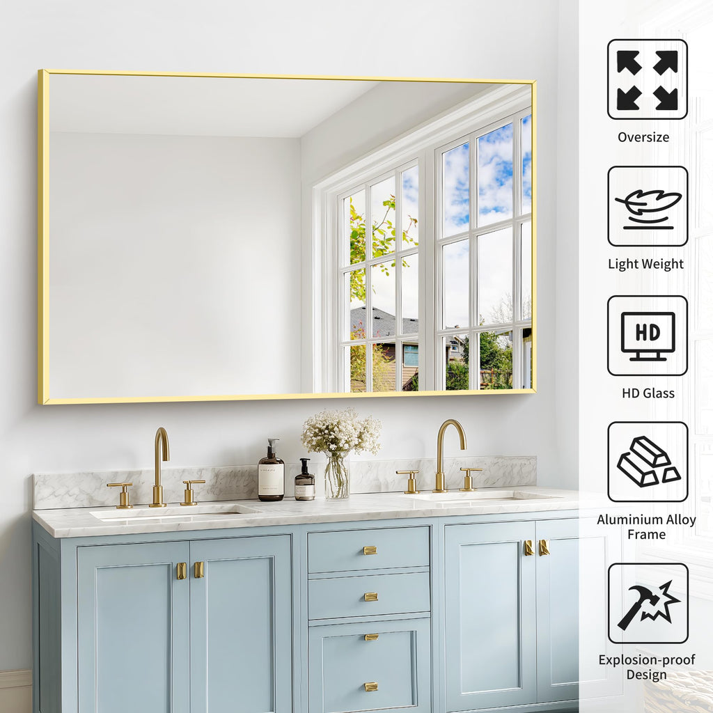 36x55inch Bathroom Mirror, Gold Rectangle Mirror with Thin Metal Frame, Large Rectangular Wall Mirror, Hair Salon